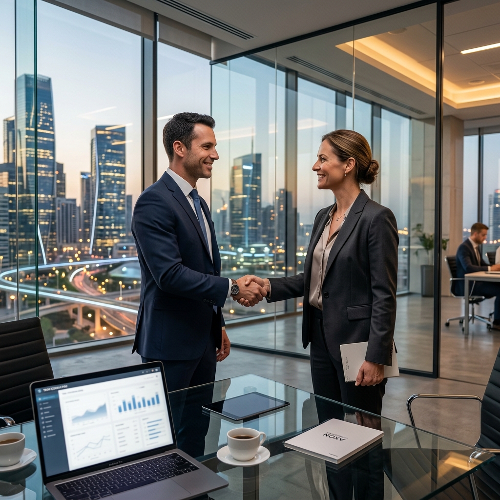 SmartAvatar Tech Project Consulting professionals shaking hands in smart city office